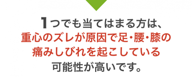 1つでも当てはまる方は、 重心のズレが原因で足の痛み・しびれを 起こしている可能性が高いです。