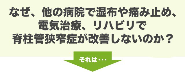 なぜ、他の病院で湿布や痛み止め、 電気治療、リハビリで 脊柱管狭窄症が改善しないのか？